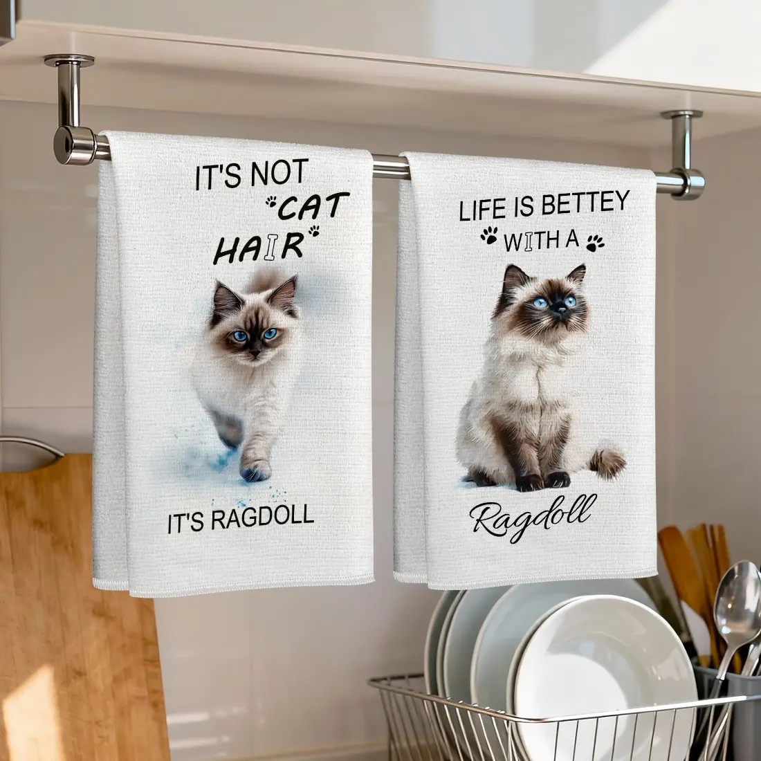 2pcs Ragdoll Cat Fun Text Pattern Ultra-Fine Fiber Kitchen Towels, 40x60cm, Single-Sided Print, Ideal for Kitchen, Bathroom, Parties, Gifts