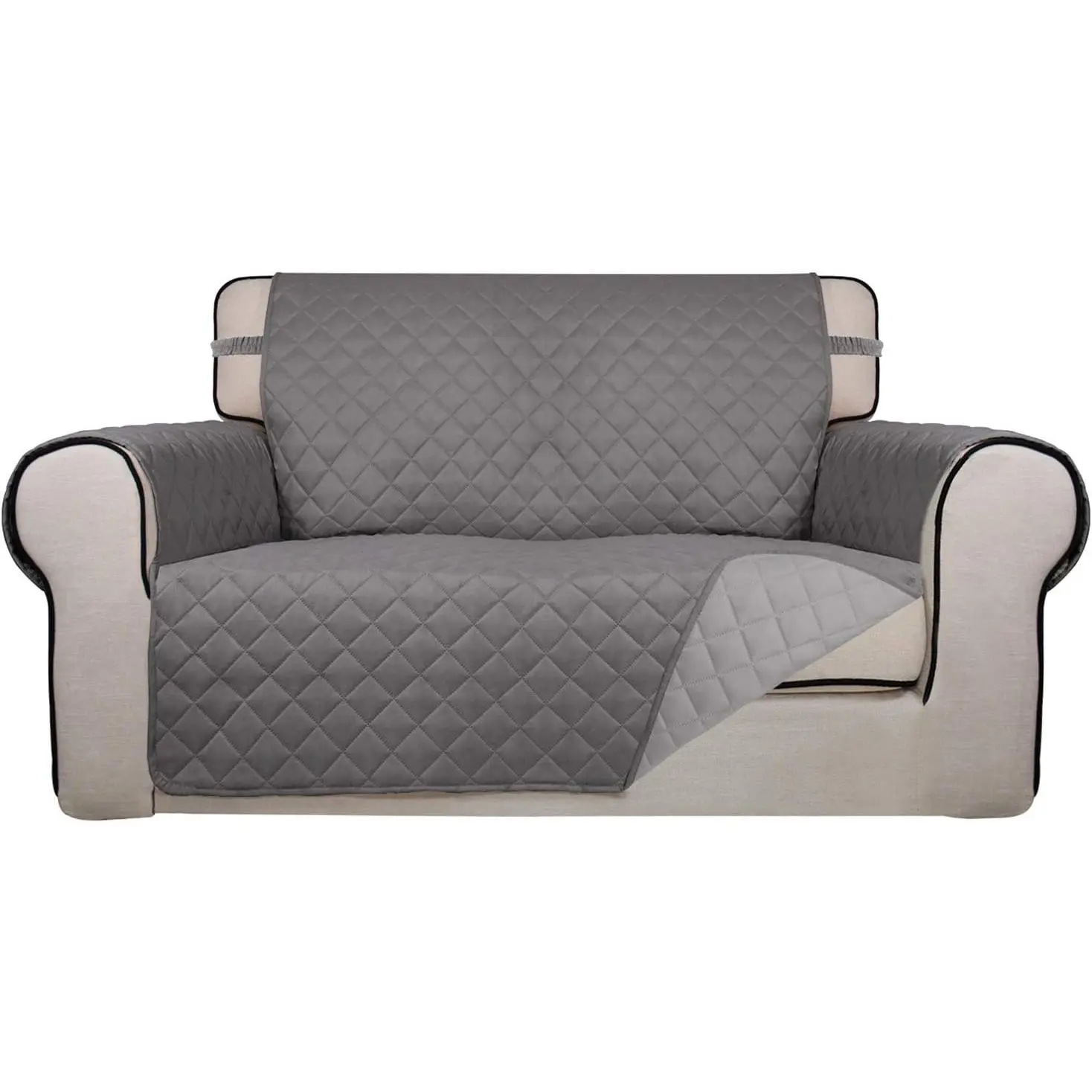 Reversible Quilted Sofa Cover, Water Resistant Medium Slipcover Furniture Protector, Washable Couch Cover with Non Slip Foam and Elastic Straps for Kids, Dogs, Pets (Loveseat, Gray/Light Gray)