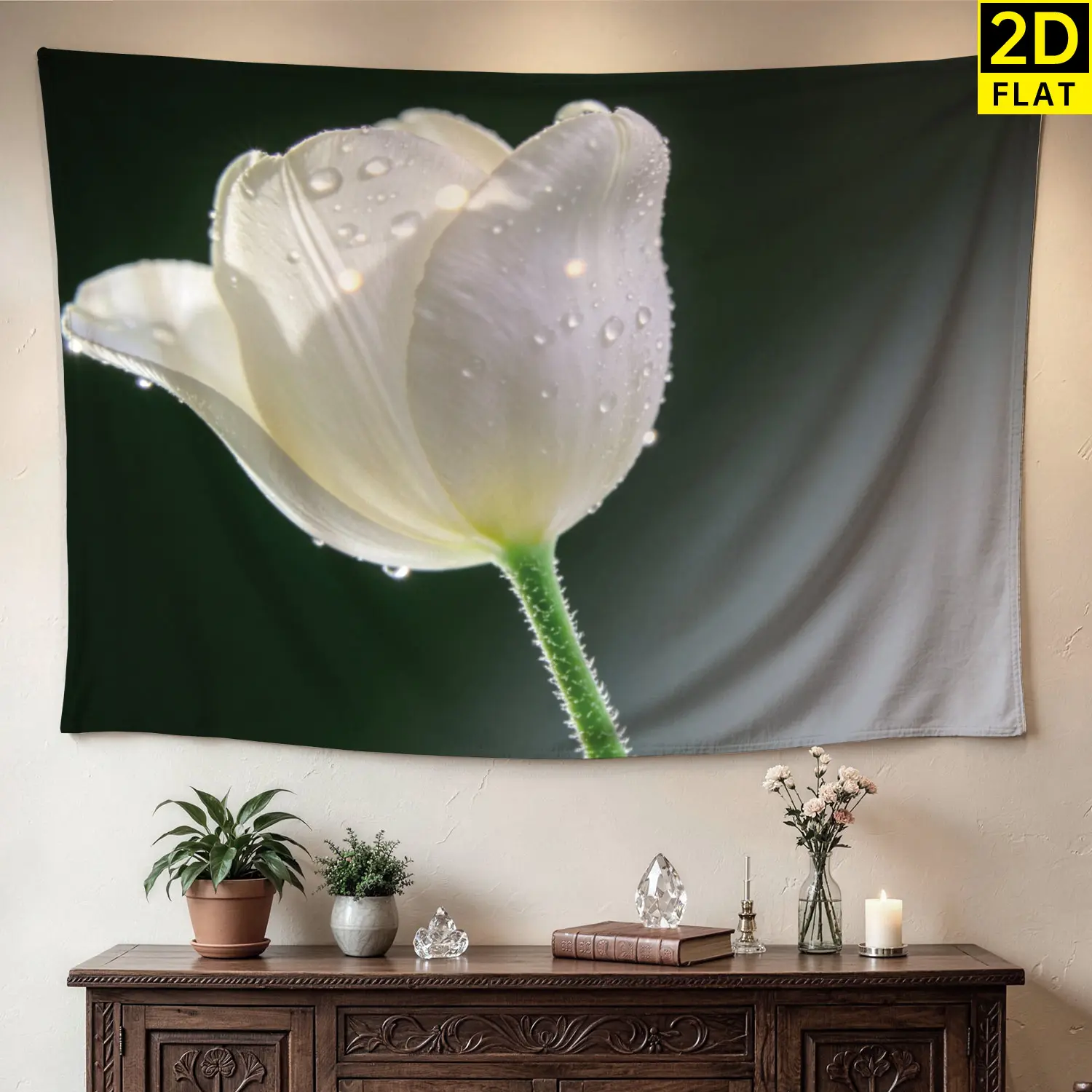 Elegant White Tulip Flower with Dew Drops Wall tapestry,Large size Printed Horizontal Tapestry blanket,Polyester Fabric Wall Hanging for living room,bedroom,No Installation Required,Indoor,Outdoor,Gift for Family and Friends