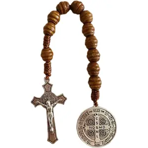Saint Benedict Medal Prayer Pocket Rosary Catholic Brown Wood Beads with Medalla de san benitol and Crucifix, 9 InchGift.