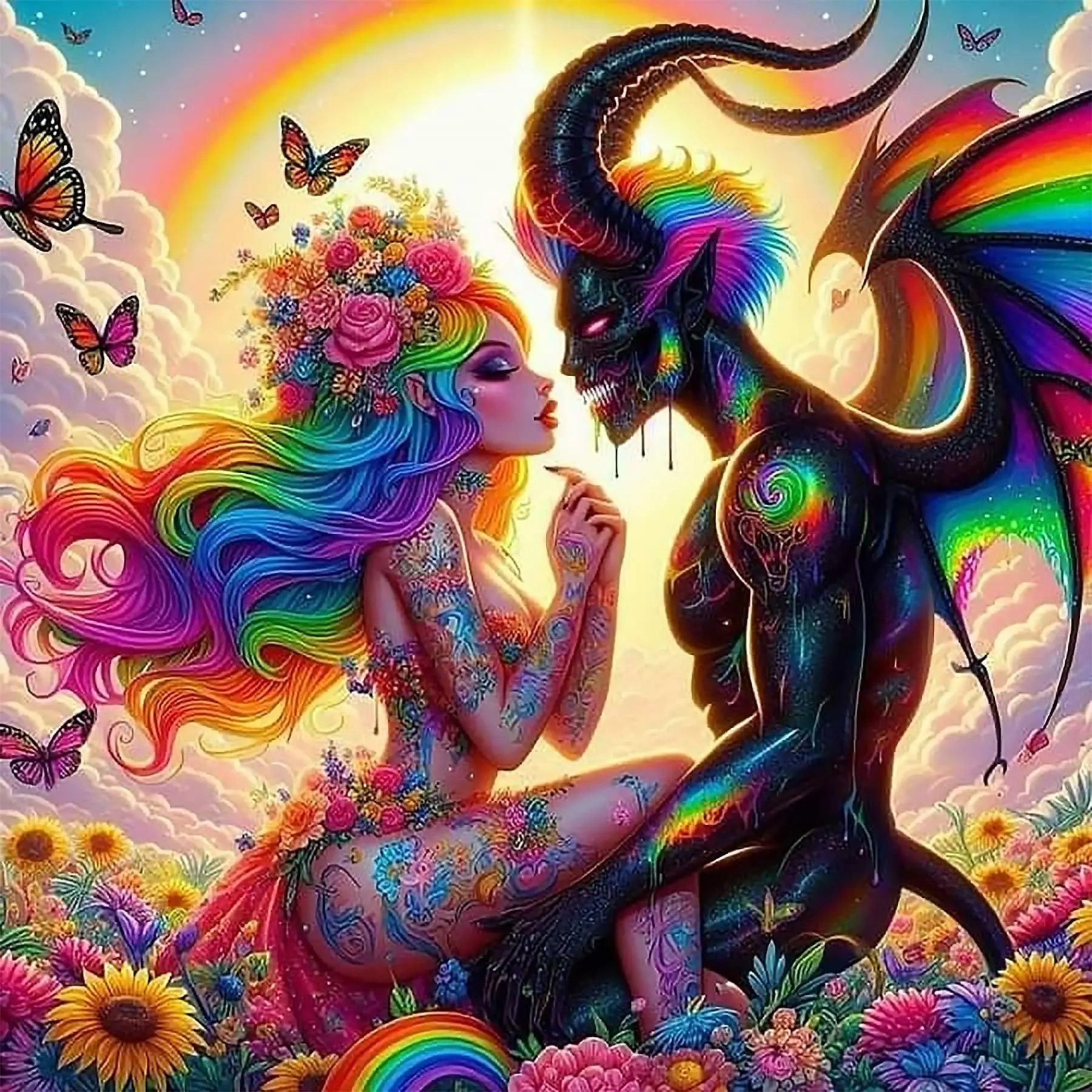 5D Diamond Art Kits for Adults, Angel and Devil Painting for Beginners, DIY Full Round Drill Diamond Dots, Dimond Art Paintings, Gem Paint by Diamonds Kit, Rainbow Demon Fairy Love Flower, Fantasy Gothic Home Wall Decor Gifts