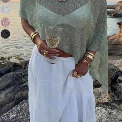 Women's Solid Boat Neck Off-Shoulder Lightweight Shiny Knit Top with Asymmetric Hem, Casual Loose Fit Flowy Knitted Knitwear Top, Loose Knit Tops for Summer Vacation, Beach and Daily Wear, Womenswear