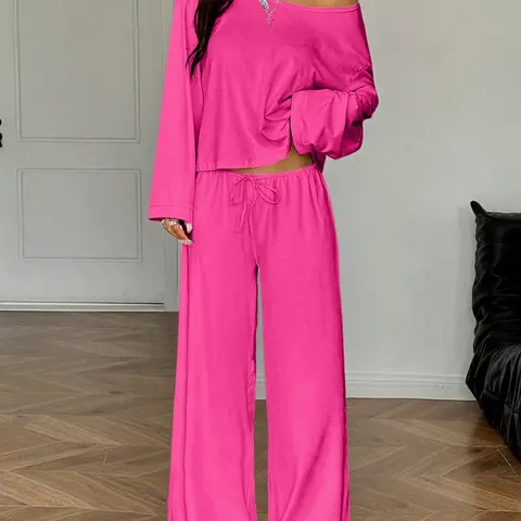 Women's 2-Piece or 6-Piece Long Sleeve Top & Wide Leg Pants Set, One Shoulder Blouse, Loose-Fitting Homewear, Casual Fashion, Casual Chic Set, All Seasons