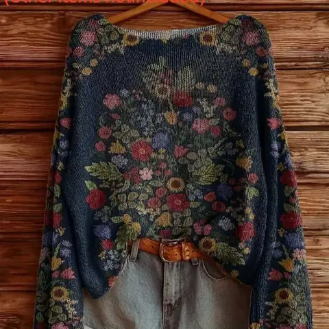 Women's Long Sleeve Botanical Top, Floral Pattern Print, Fall & Winter Clothing, Casual Ladies' Top
