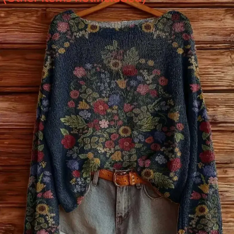 Women's Long Sleeve Botanical Top, Floral Pattern Print, Fall & Winter Clothing, Casual Ladies' Top