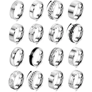 16PCS Silver Stainless Steel Band Rings for Men Women Simple Engagement Wedding Promise Rings Set