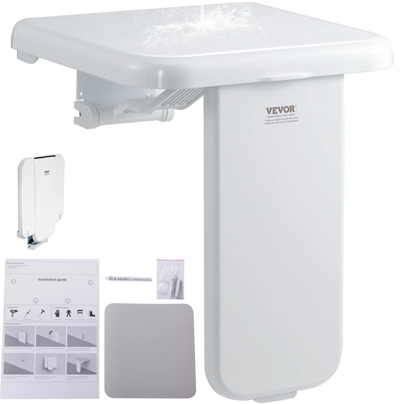 VEVOR Folding ABS Shower Seat, 15.7''x 16.7'' Unfolded, Wall Mounted Fold Up Shower Bench with 440 lbs Load Capacity, Space Saving Fold Down Shower Chair for Seniors Pregnant Women Children Adults