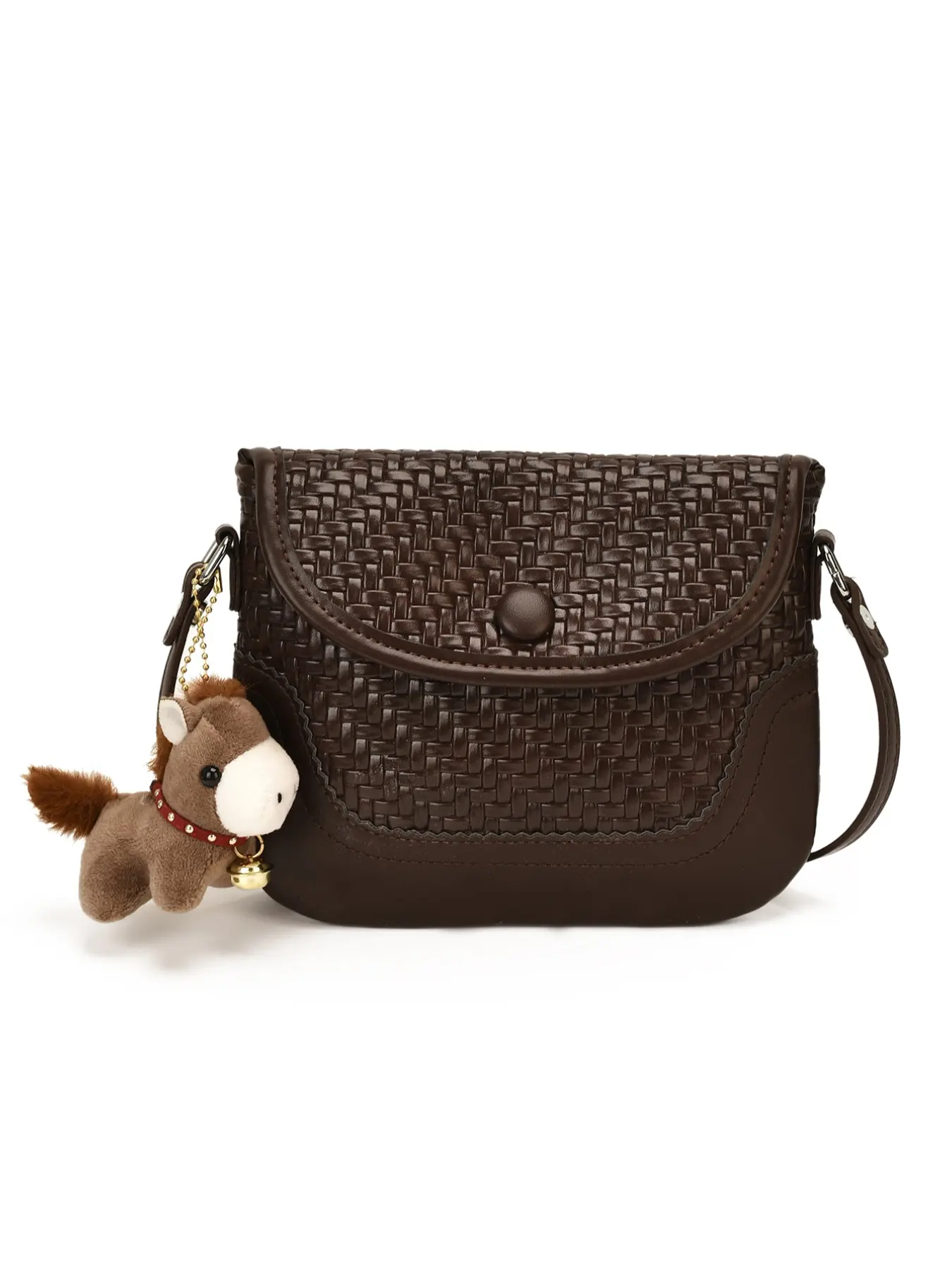Deep Leather Woven Saddle Bag, Vintage Quiet Luxury Flip Cover Buckle Crossbody, Plush Horse Charm, Lightweight Layered Storage, Women's Shoulder Bag