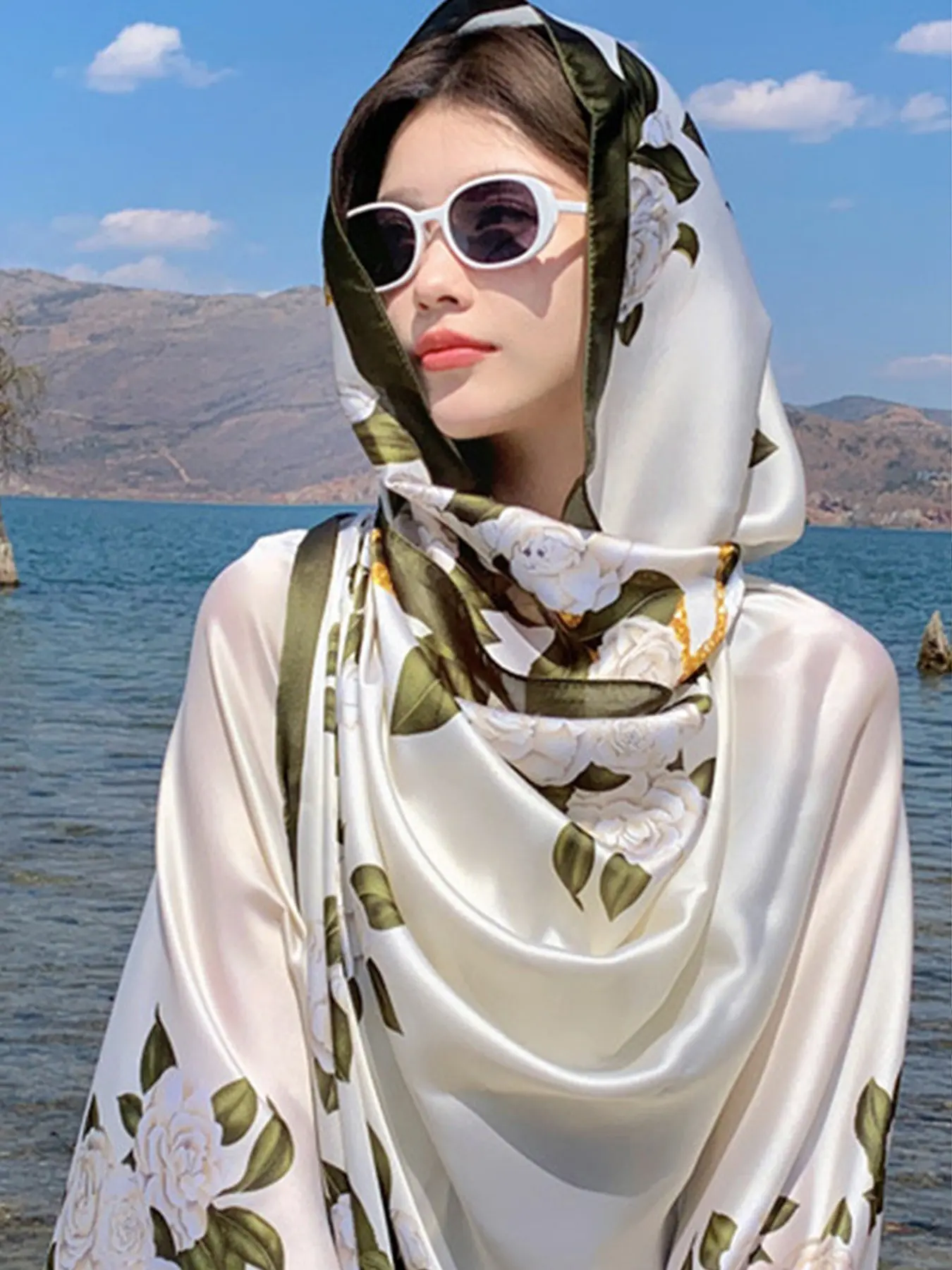 Rose Satin Shawl for All Dresses, Elegant Floral Pattern, Loose-Fitting Silk Scarf, Perfect for All Seasons, Stylish Accessory