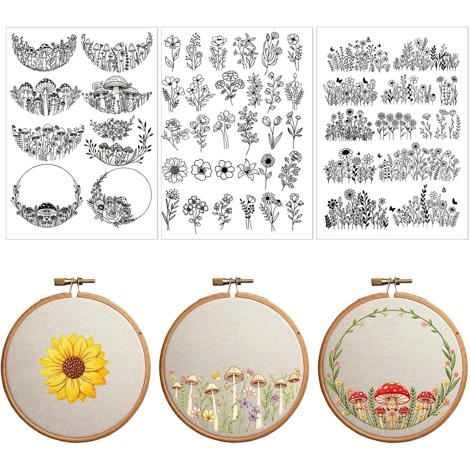Floral Water Soluble Embroidery Patterns, 3 Sheets Stick and  Embroidery Papers Wash , Transfer Paper with Pre-Printed Flower Leaves Designs for Hand Sewing Lovers Beginners Customized Gifts