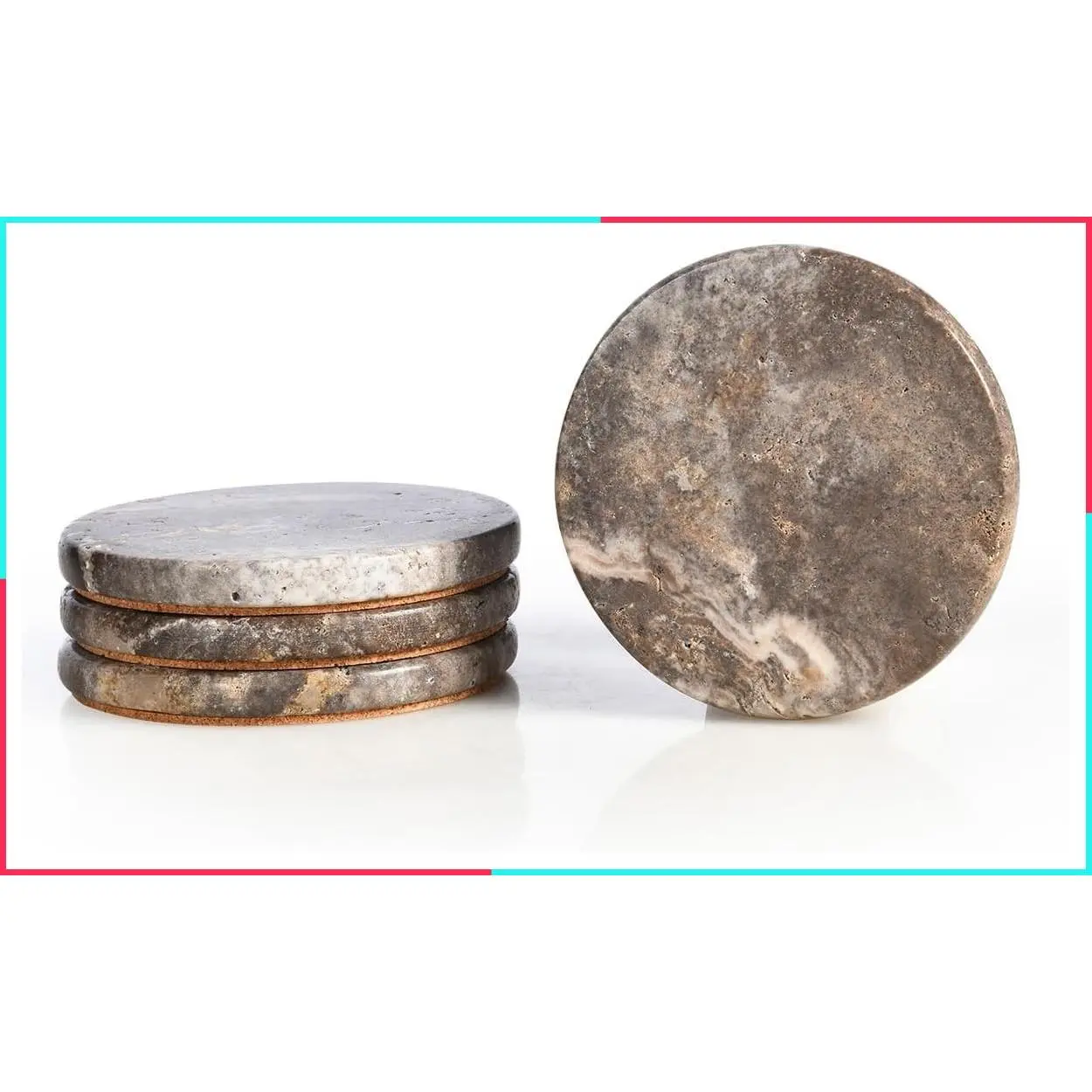 Natural Marble Coasters Set of 4, Round Travertine Coasters 4 Inch, Modern Gray Stone Coaster, Vintage Drink Coaster for Home Decor, Coffee Table, Office