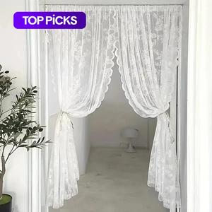 rose flower embroidery lace privacy door curtain, 2 counts/set romantic door curtain, light filtering door curtain for home party room home decor, decorative curtain, bedroom decor, christmas gifts, interior decoration,   window curtain