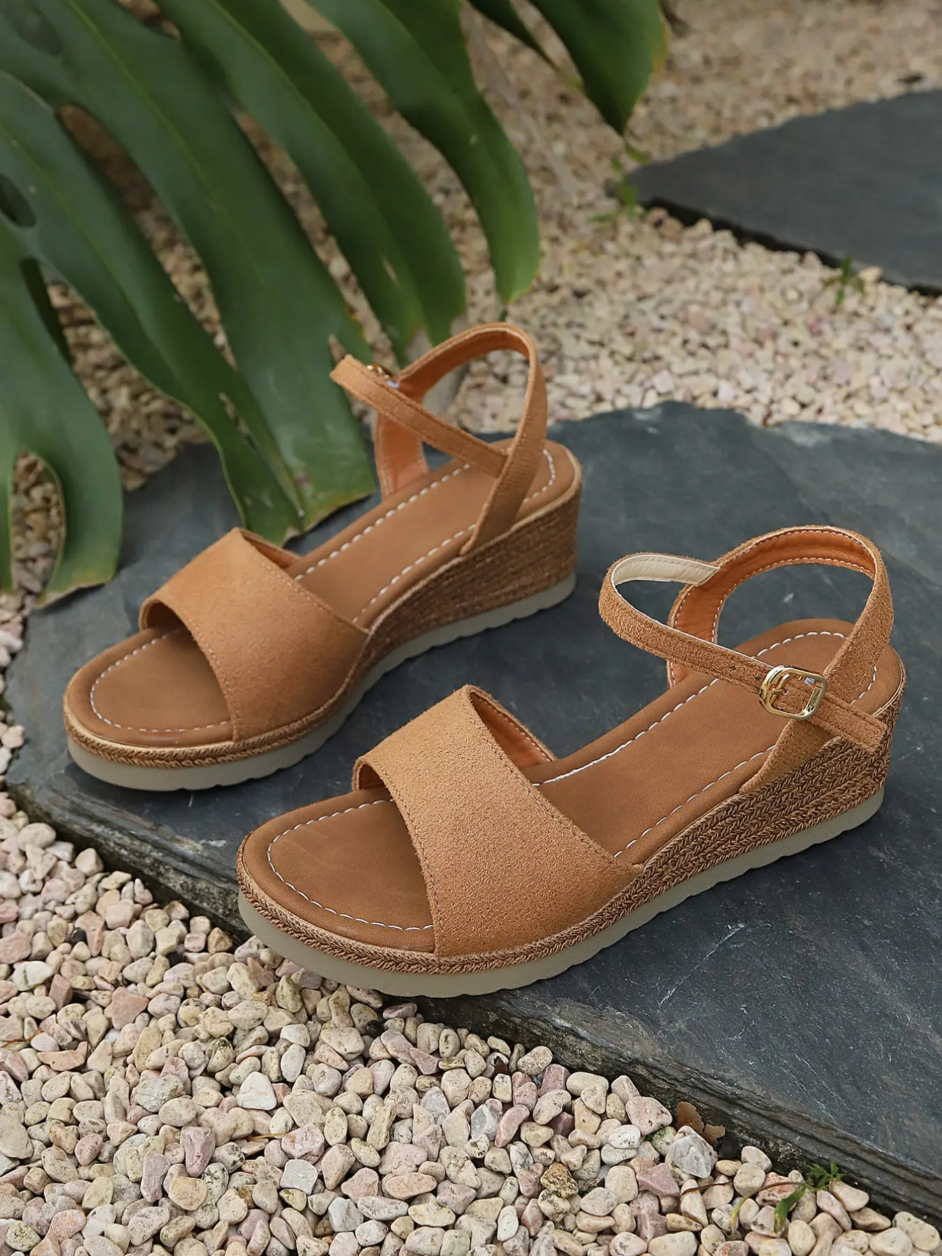 Women's Single Wide Strap Espadrille Wedge Sandals Adjustable Gold Buckle Ankle Strap Open Toe Non Slip Boho Summer Beach Vacation Casual Footwear Black Camel Two Neutral Colors Bohemian Wedge Sandals