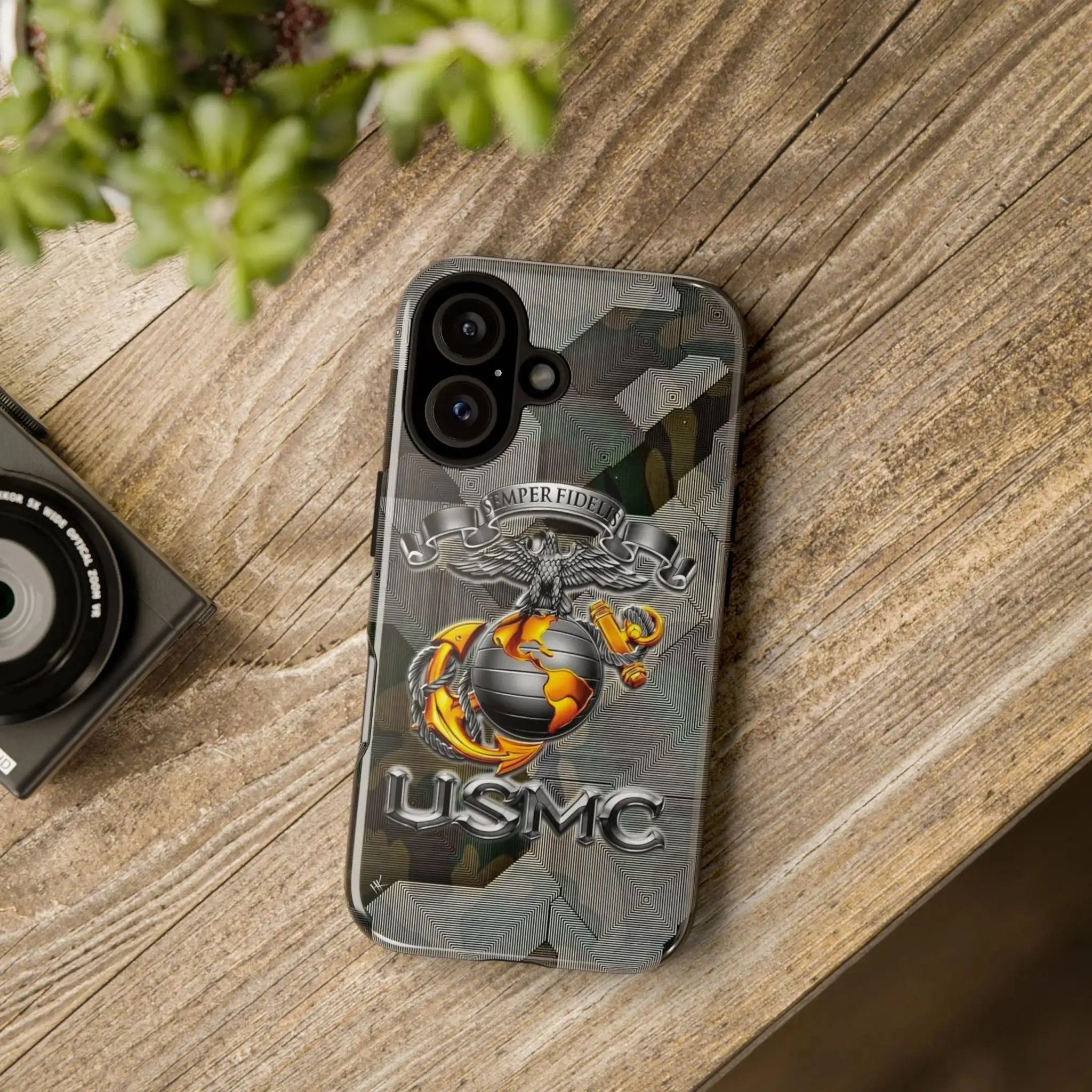 USMC Semper Fidelis Military-Style Smartphone Case, Glossy Protective Cellphone Shell with Handheld Button Compatibility for iPhone 11 12 13 14 15 16 17 Pro Max, Wireless