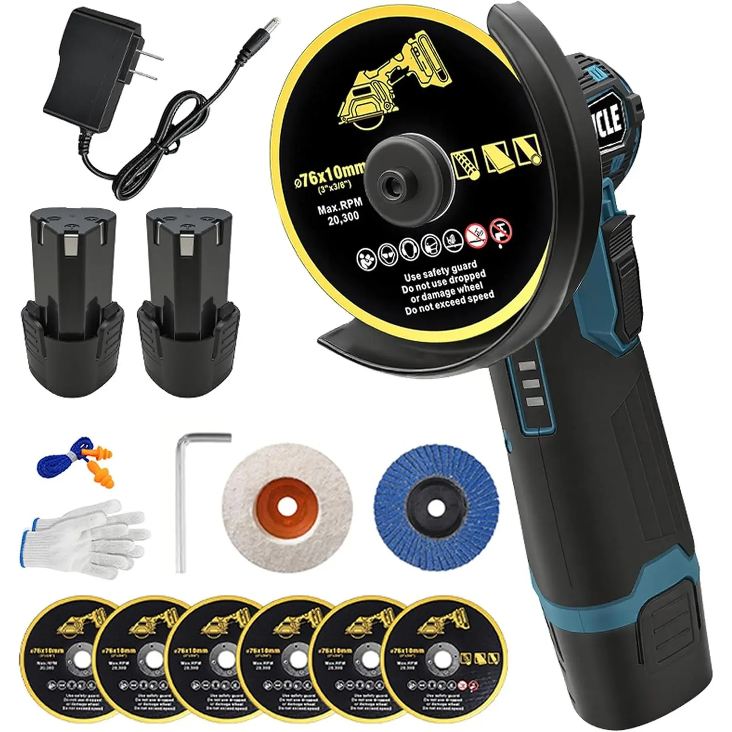 12V Cordless Angle Grinder Full Kit - 2.6" Discs, 19500 RPM High Speed, Polishing Wheel, Flap Disc, Safety Guard, Soft-Grip Handle, Portable for Metals, PVC Shaping