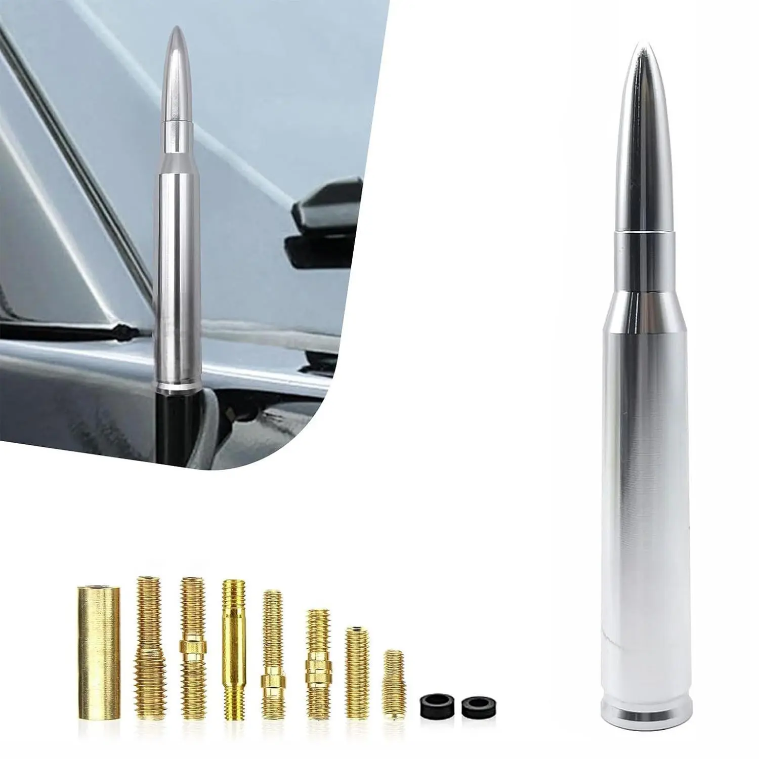 Short 50 BMG 6061 Aluminum Bullet Antenna, Anti-Theft Car & Vehicle Accessories with 10 Adapters for Easy Installation, Compatible with Ford, GMC, Chevrolet Silverado Trucks, Car Accessories