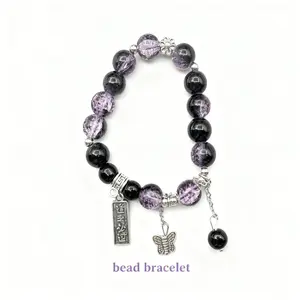 Purple Crystal Butterfly Charm Bracelet,Shimmering Mixed Bead & Silver Detail Design,Women’s Elegant Dainty Accessory For Daily Outfit Styling