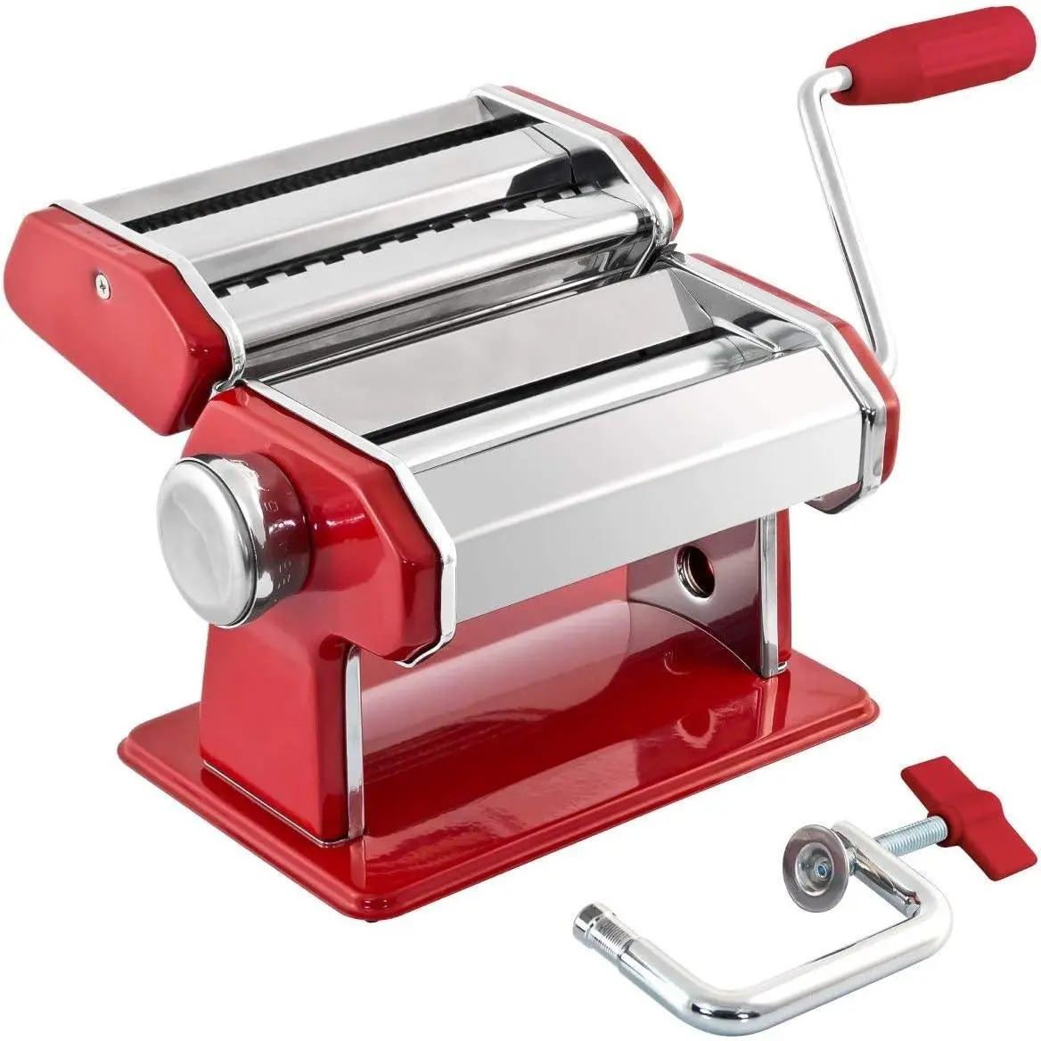 Stainless Steel Manual Pasta Maker Machine | With Adjustable Thickness Settings | Perfect for Professional Homemade Spaghetti and Fettuccini | Includes Removable Handle and Clamp (Red)