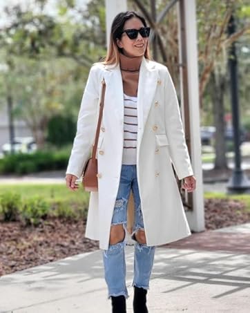 FMEYOA Women's Elegant Notched Collar Double Button Slim Long Wool Blend Pea Coat Jacket