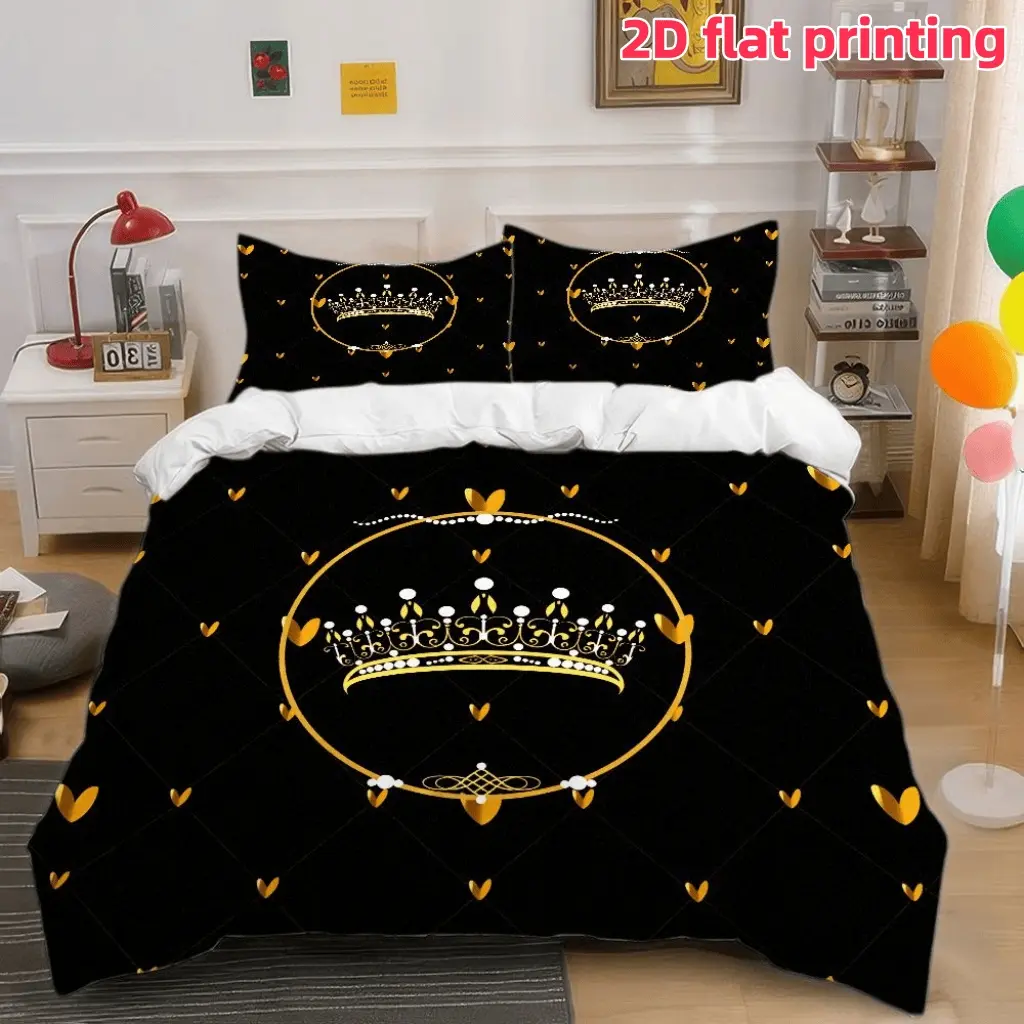2D Flat 3Pcs Elegant Golden Crown Heart Bedding -Designed for Royal Luxury Style, Soft Bedspread (1 Duvet Cover+2 Pillowcases, Unfilled)-Suitable Bedroom and Dormitory Room Home Decoration.