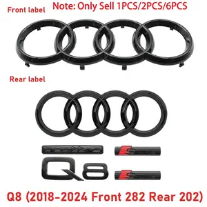 AUDI 4Ring Logo ABS Q8 Quattro Sline Emblem Letter Stickers Decal Car Hood Front Grill Emblem Rear Trunk Badge Sticker Auto Modification Accessories For Audi Q8 2018-2024