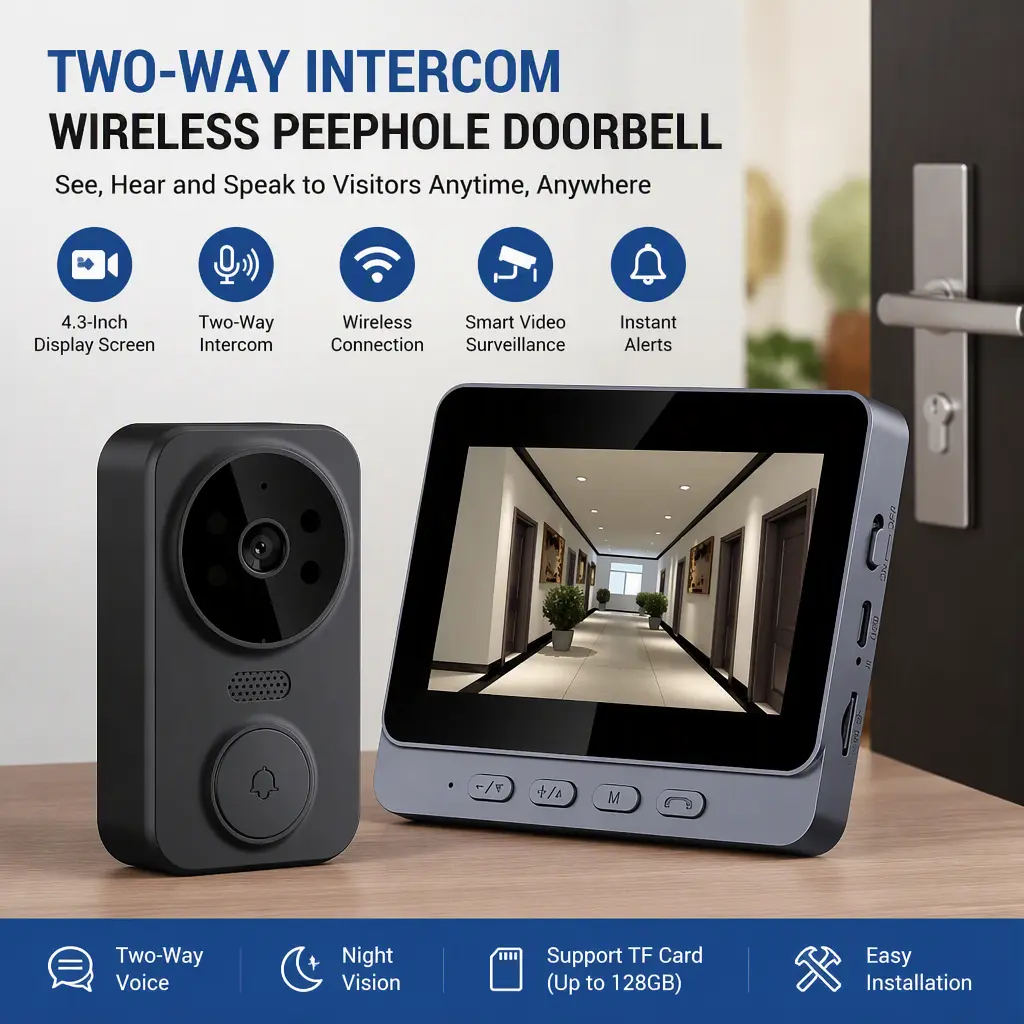 Two‑Way Intercom Wireless Peephole Doorbell, 4.3‑Inch Display Screen, Smart Video Surveillance for Home and Buildings