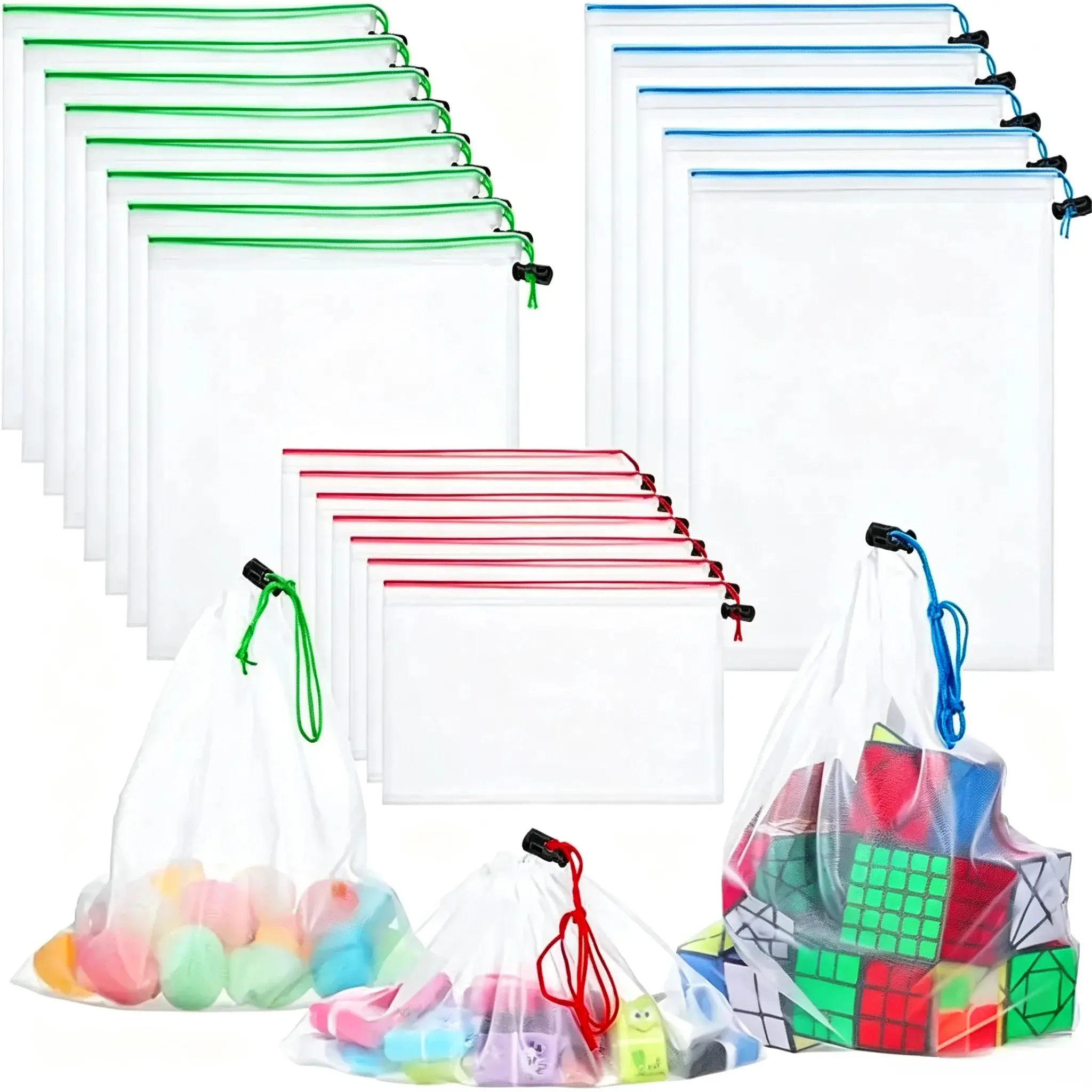 Reusable drawstring mesh bag, used for organizing rooms such as building blocks and toys. Washable drawstring fruit and vegetable storage mesh bag, environmentally friendly and zero waste storage bag