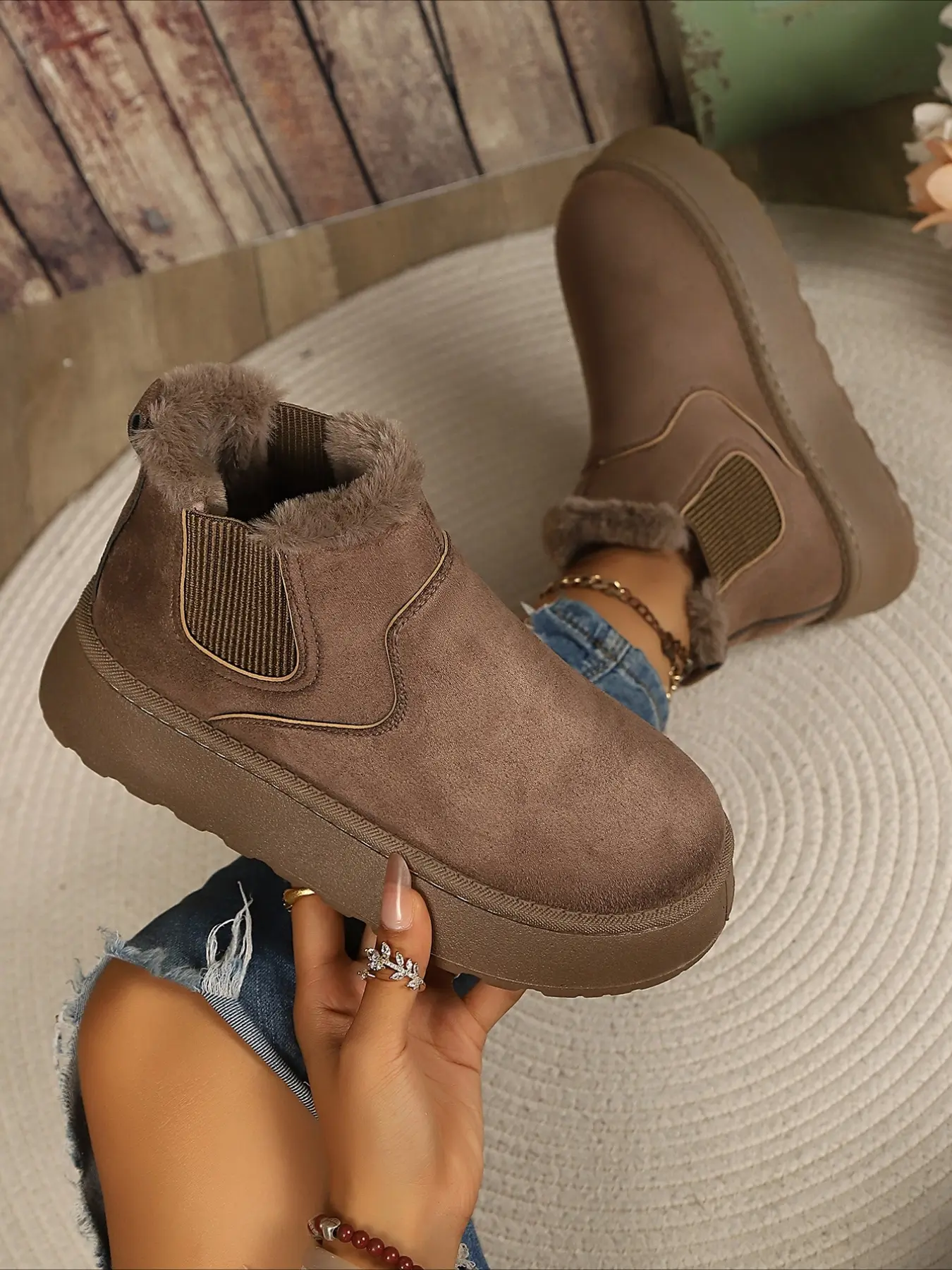 Slip-on plush lined ankle boots with elastic side panels round toe thick sole warm casual women winter snow booties Footwear
