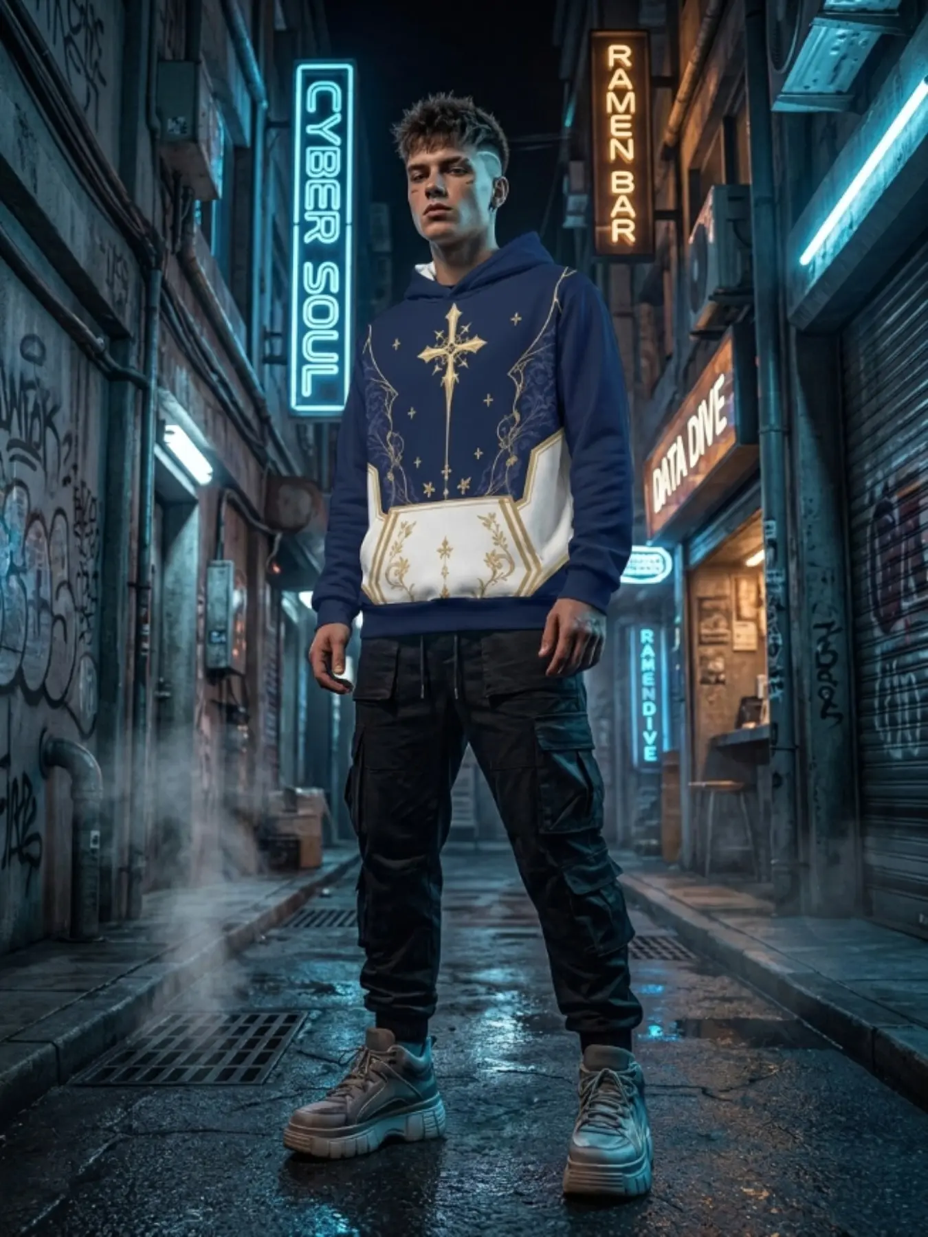 Men's Streetwear Hoodie, Golden Cross Gothic Graphic All-Over Print Sweatshirt, Long Sleeve Techwear Jacket for Fall Fashion