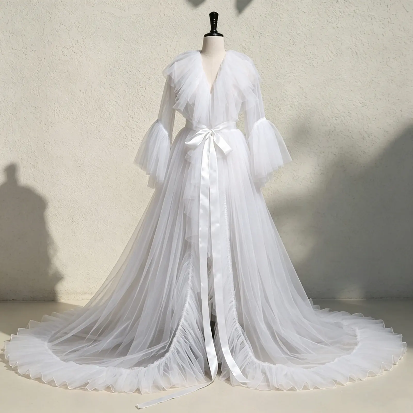 Women Kimono Dress Sheer Tulle V-Neck Long Flare Sleeves Floor Length Night-Robe Lingerie Women Kimono Dress Sheer Tulle V-Neck Long Flare Sleeves Floor Length Night-Robe Lingerie
