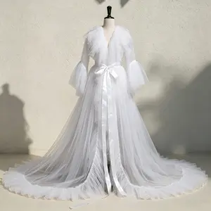 Women Kimono Dress Sheer Tulle V-Neck Long Flare Sleeves Floor Length Night-Robe Lingerie