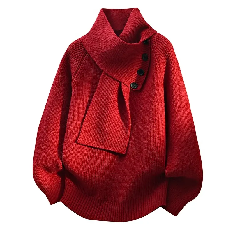 Unisex Fashion Casual Pullover Sweater, Decorative Side Buttons & Wrap Scarf Collar Design, Loose Street‑Style Knit Top, Versatile Jumper For Everyday Wear & Casual Outings # sohochic