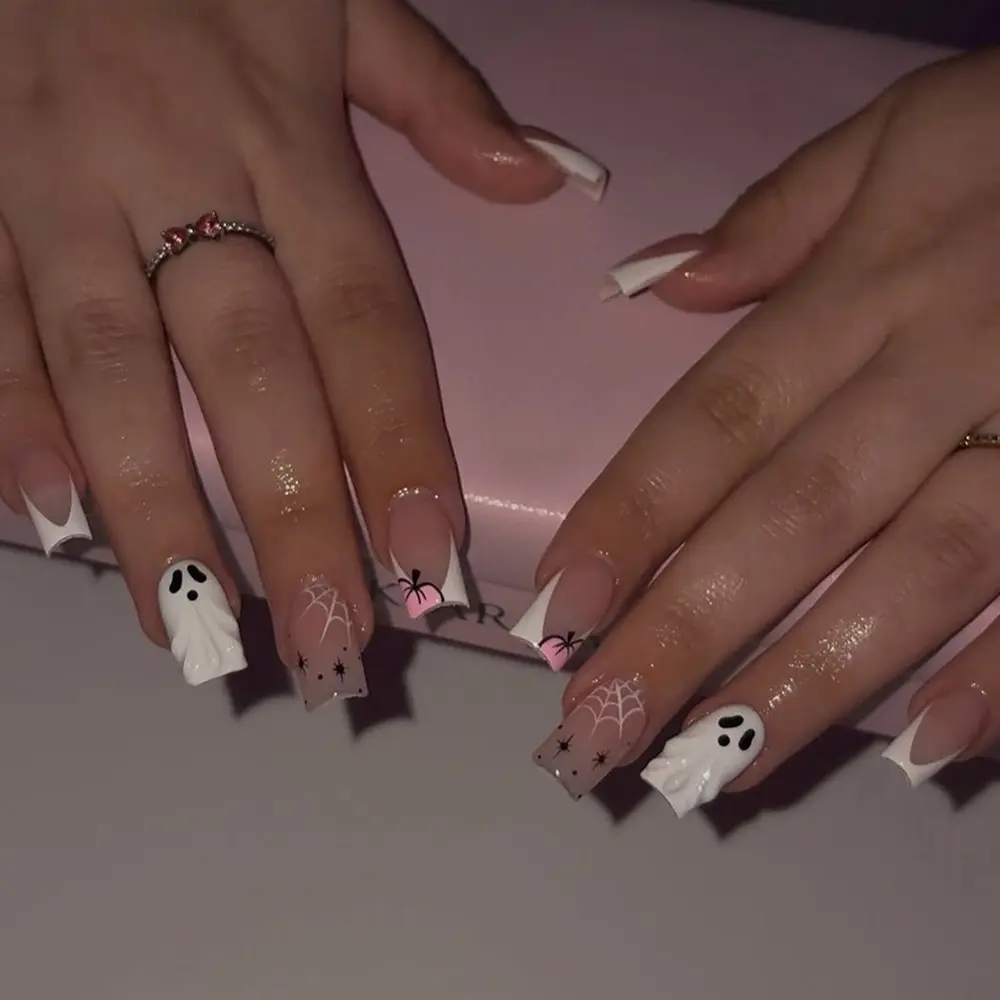 Halloween 24pcs Square French Press-On Nails, Fake Press On, Pumpkin Star Polka Dot Web Design, Acrylic False Nails Set, Includes Nail File and Glue