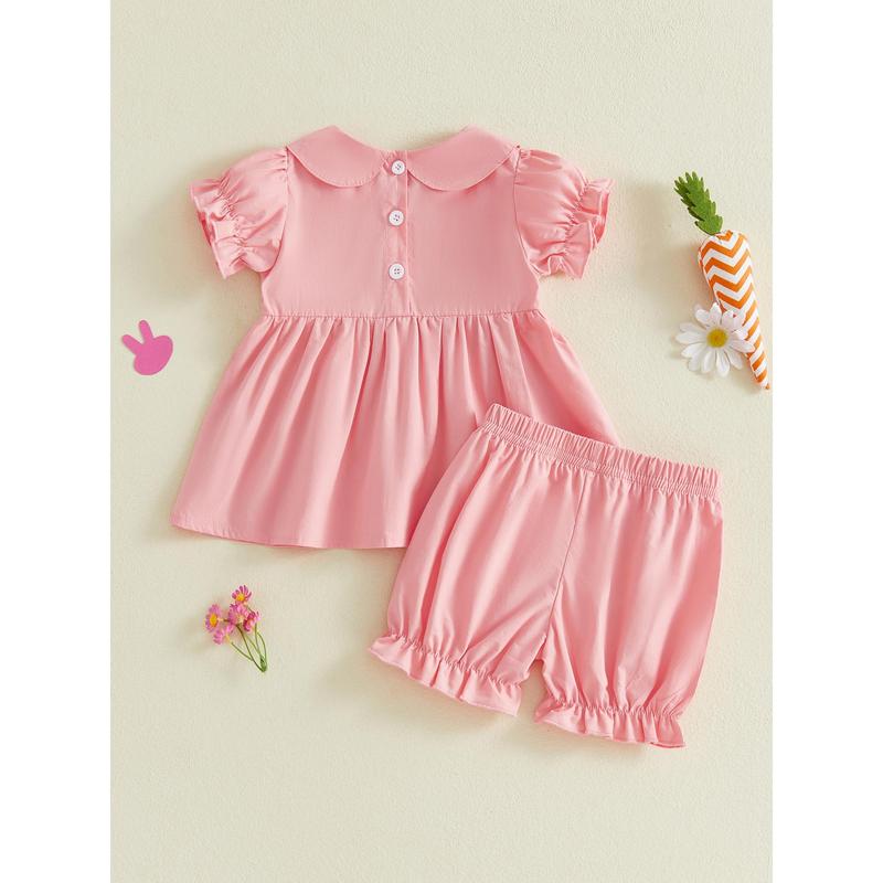 Toddler Baby Little Girls Easter Outfit Short Sleeve Smocked Embroidery Rabbit T-shirt with Elastic Waist Shorts Outfit 3M-3Y