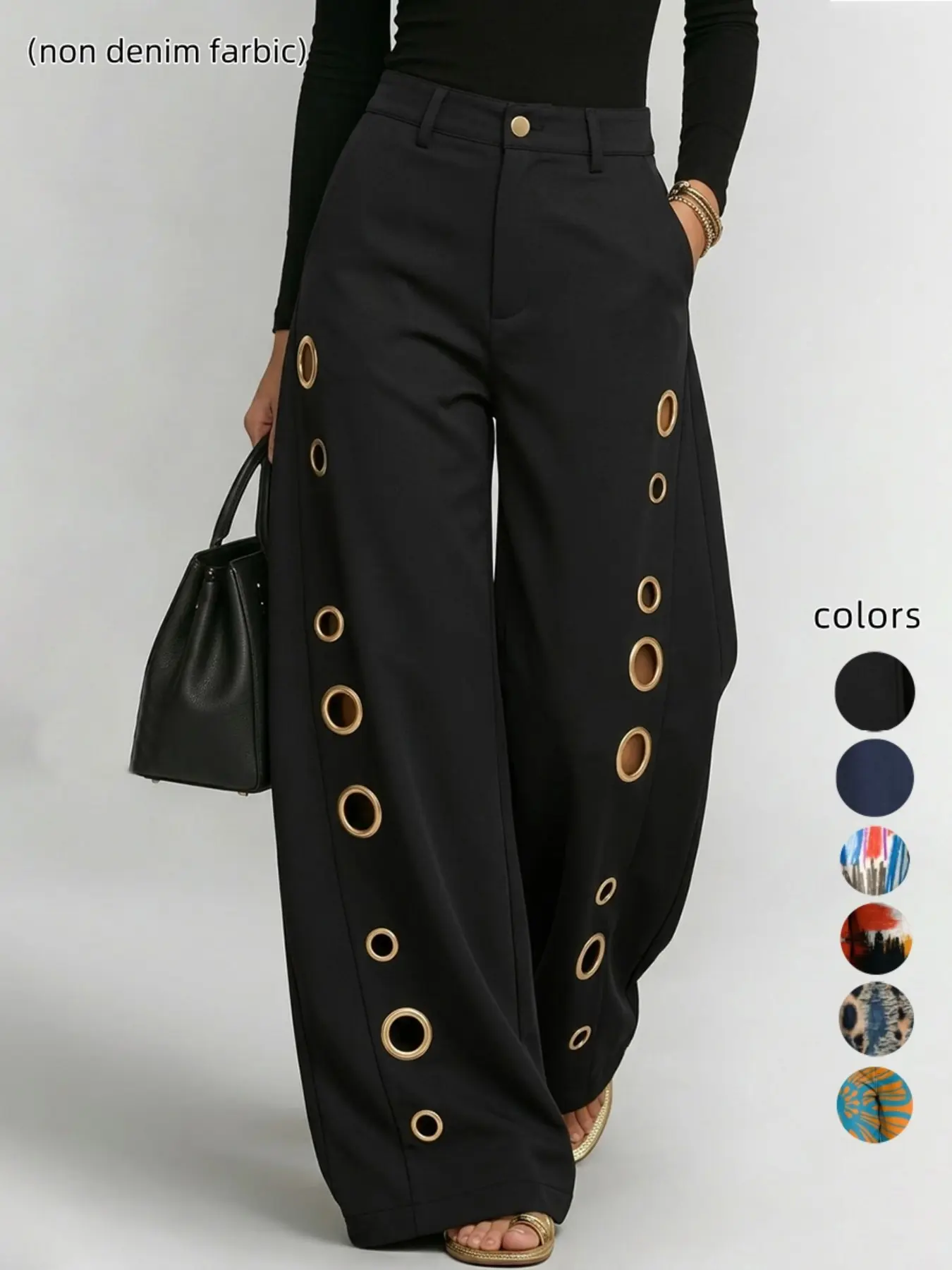 Solid Color Button Hollow-Out High-Waisted Wide-Leg Pants, Stylish Pockets Long Trousers for Women