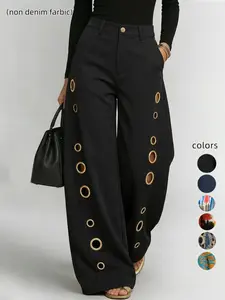 High-Waisted Wide-Leg Patchwork Pants, Button Closure, Cut-Out Pockets, Solid Color, Print Design, Casual Straight Leg Jeans