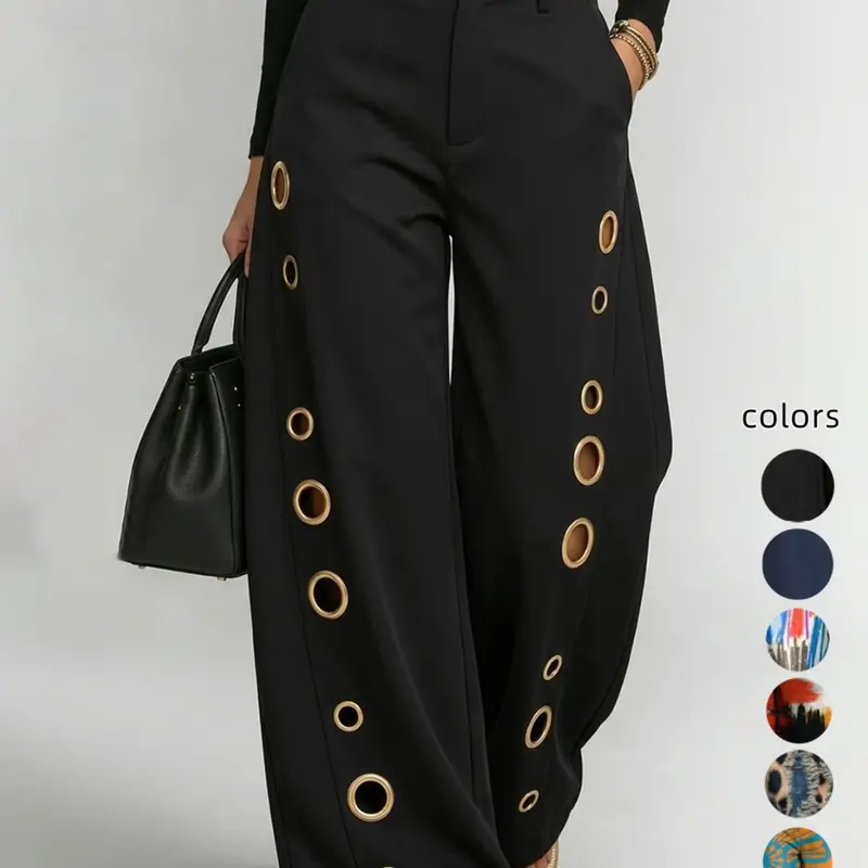 Solid Color Button Hollow-Out High-Waisted Loose Wide-Leg Pants, Casual Fashion Bottoms, Stylish Pockets Long Trousers for Women