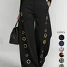Solid Color Button Hollow-Out High-Waisted Loose Wide-Leg Pants, Casual Fashion Bottoms, Stylish Pockets Long Trousers for Women