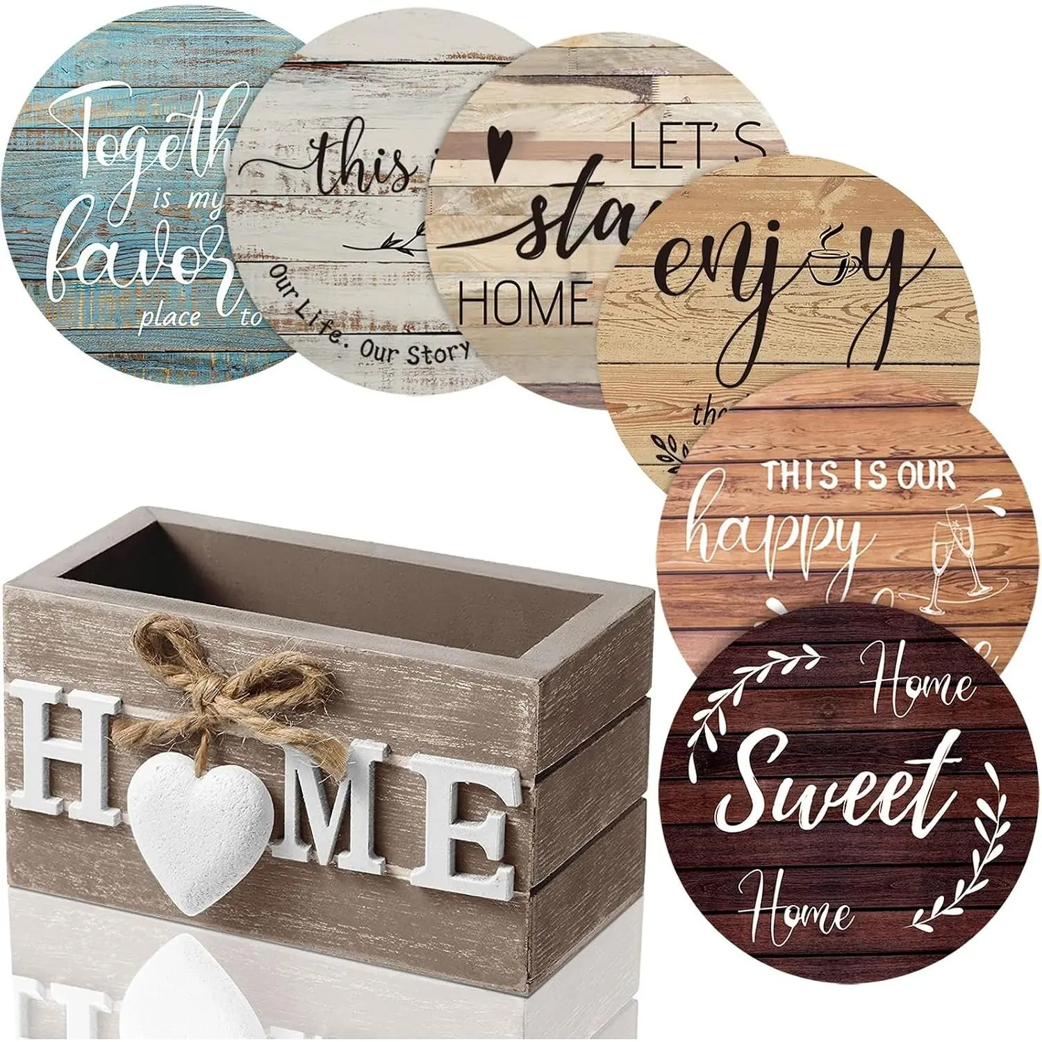 Coasters Set of 6 House Warming Gifts New Home Wooden Farmhouse Drink Coasters with Holder 4'' Funny Decoration for Kitchen Family Coffee Bar Tabletop Protection(Farmhouse Color)