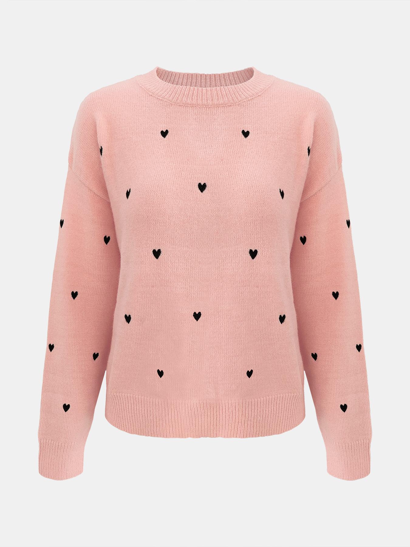 Women's Heart Embroidery Drop Shoulder Sweater, Casual Long Sleeve Round Neck Jumper for Fall & Winter, Fashion Ladies' Knitwear for Daily Wear