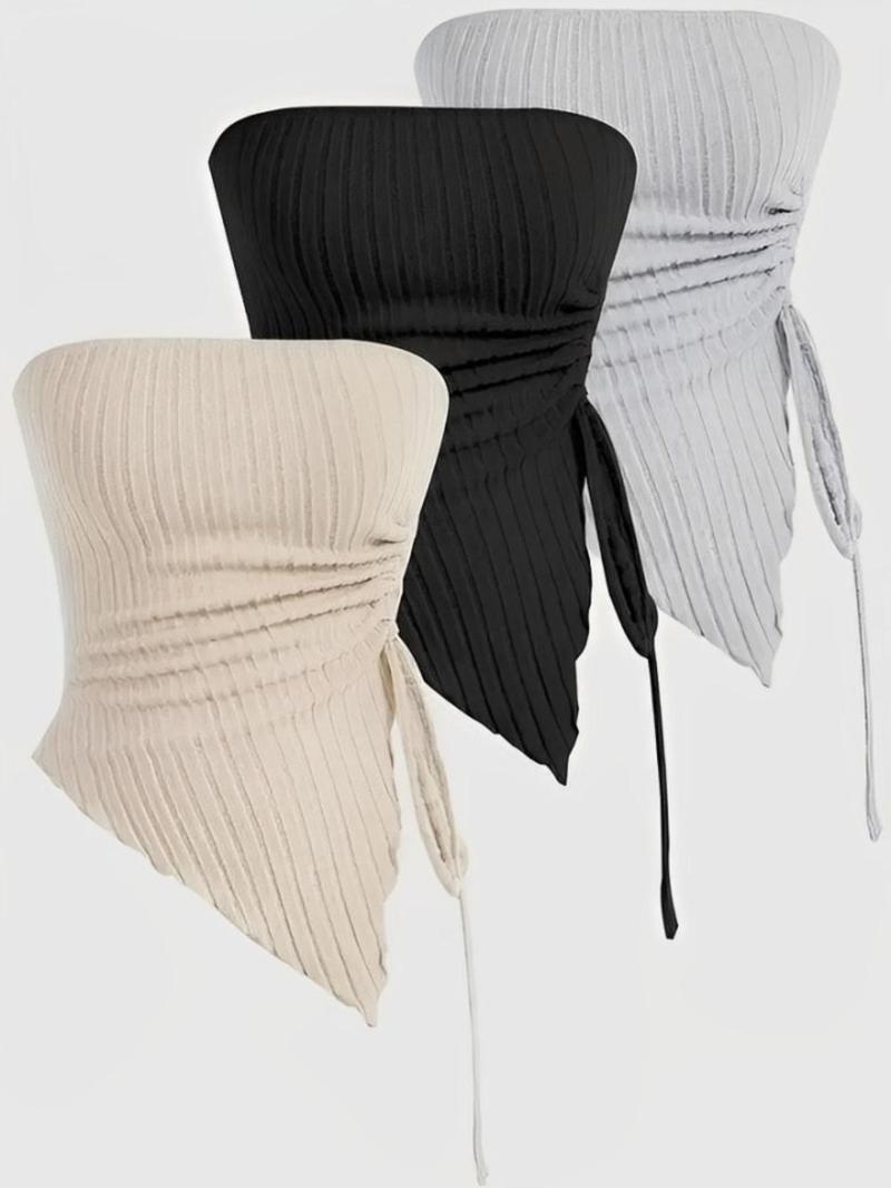 Women's Solid Ruched Backless Crop Tube Top, Casual Drawstring Asymmetrical Hem Sleeveless Top for Summer, Minimalist Women's Clothing for Daily Wear, Casual Fitted Sleeveless