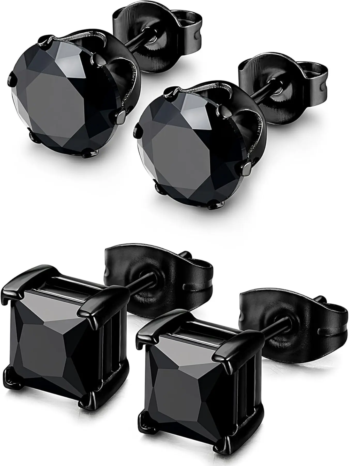 2Pairs Hypoallergenic Black Stud Earrings for Men Women 316L Stainless Steel Square Round CZ Mens Earrings Studs Jewelry Set for Sensitive Ears 3-8MM Black Silver