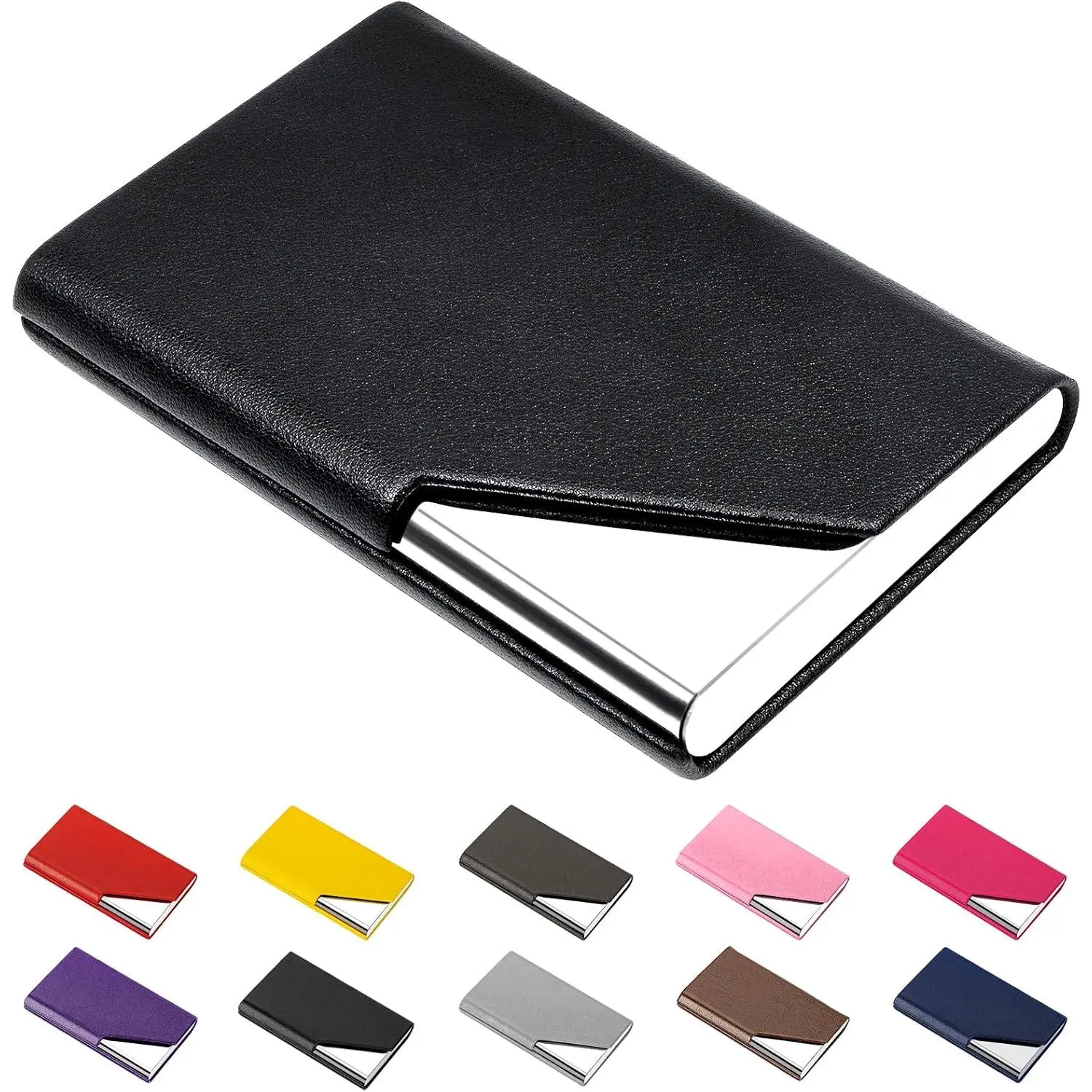 Business Card Holder, Upgraded Leather Business Card Case Pocket Card Holders for Men or Women, Metal Slim Name Card Holder RFID Blocking Business Card Carrier with  Closure(Black)