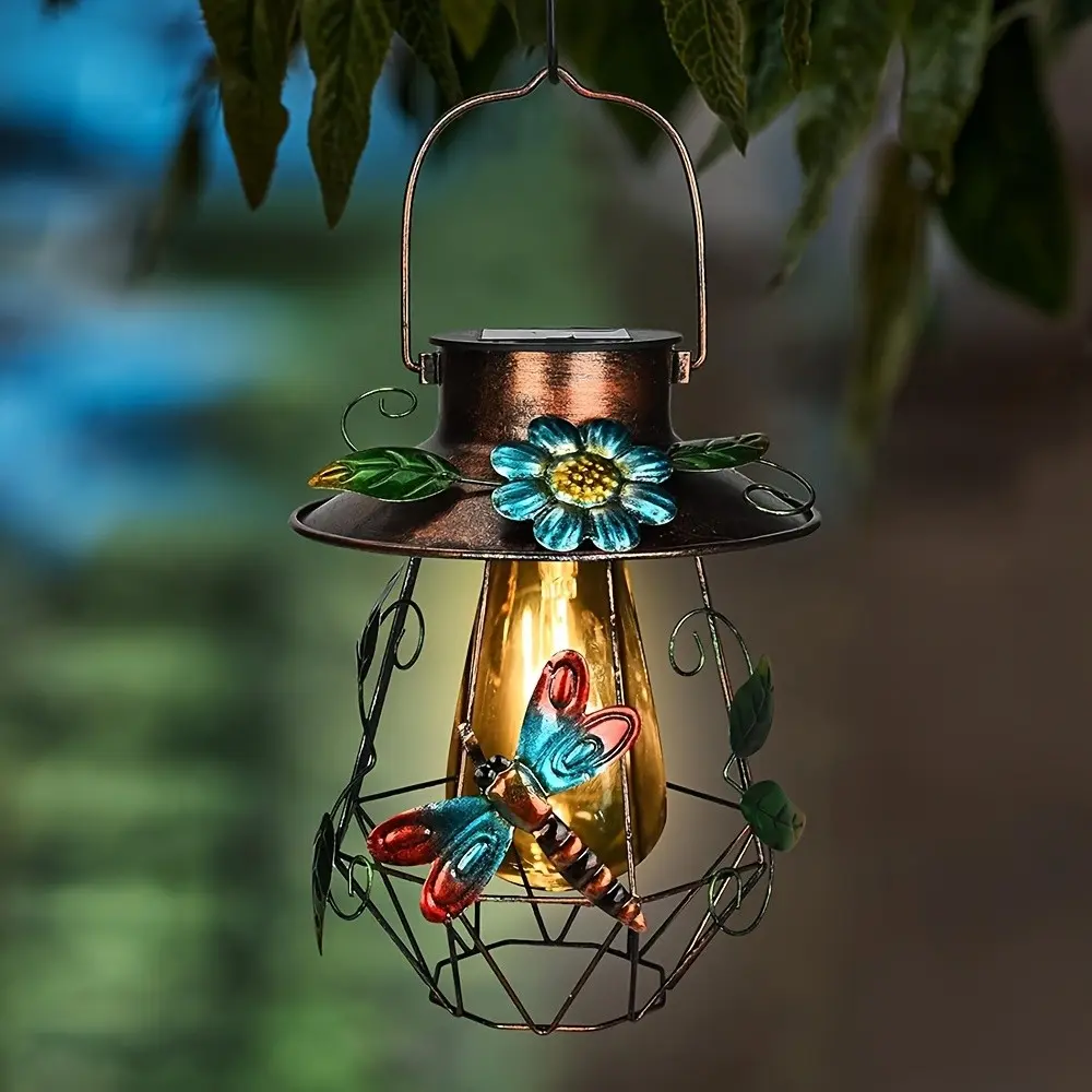 Elegant Outdoor Solar Hanging Light, Iron Solar Lamp with Dragonfly and Flower Decor, Solar Garden Lanterns, Garden Courtyard Patio Walkway Lighting, Solar Metal Lanterns, Garden Lights, Gift