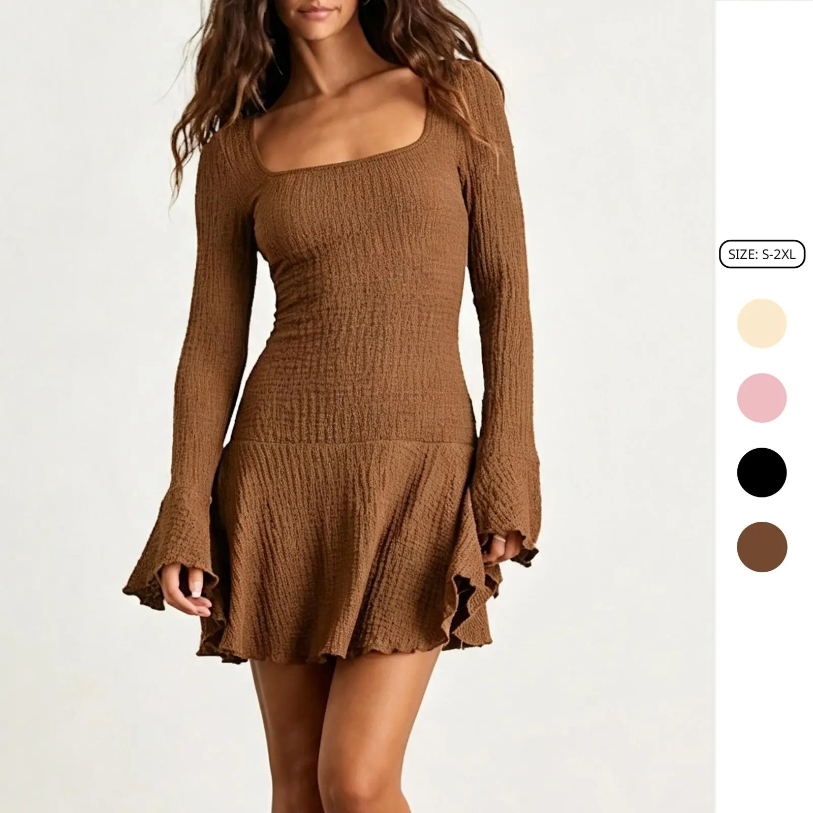 Imily Bela Women's Chic Textured Long Sleeve Drop Waist Mini Dress Elegant Bodycon Mini with Long Bell Sleeves for Cocktail Parties & Going Out, Party, Long Sleeve, Classy, Ready To Wear, Figure Hugging, Mini Length