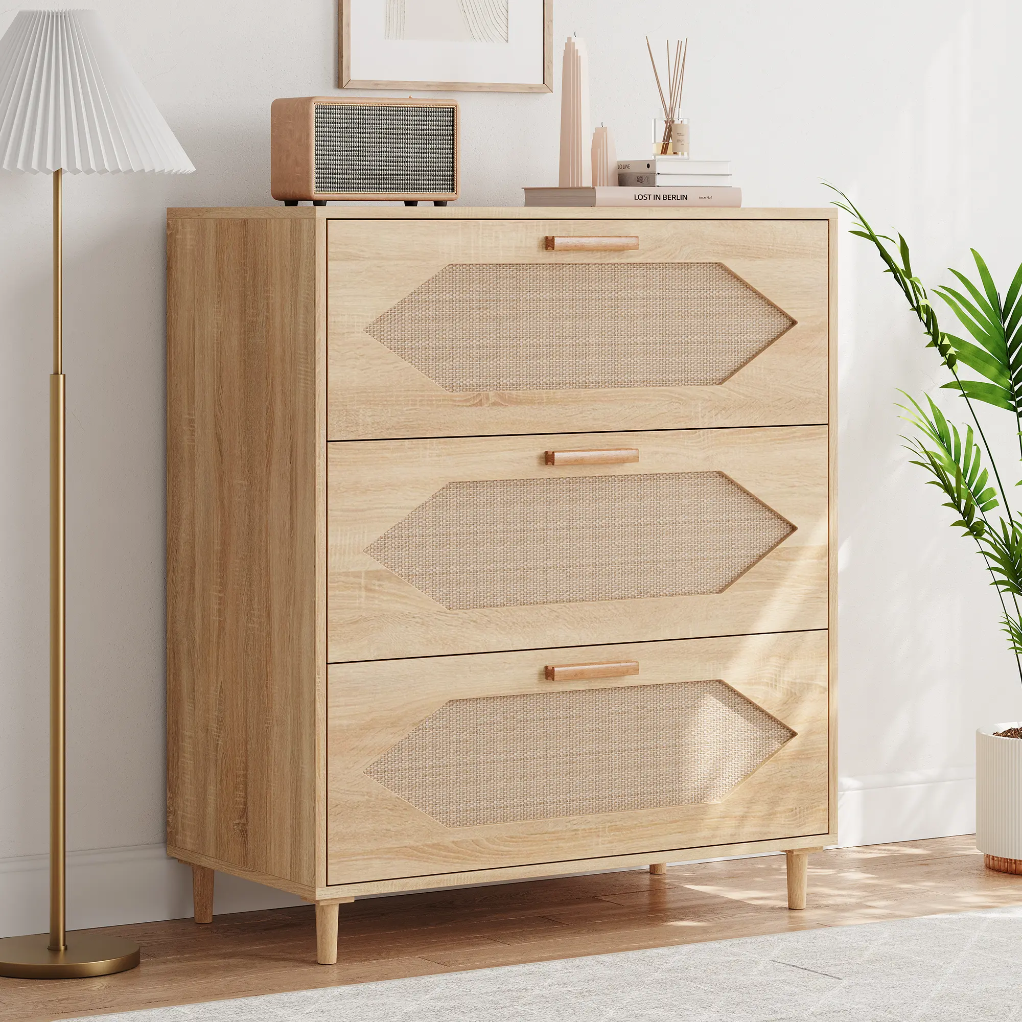 Garvee Rustic Oak 3 Drawer Dresser with Rattan Detailing - Modern Wooden Chest - Spacious Storage Cabinet for Bedroom, Hallway, Living Room - Natural Boho Style Furniture
