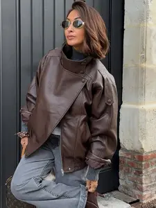 Fashion Oversized Asymmetrical Zipper Jacket Women's Jacket Black Faux Leather Outerwears Autumn spring 2026 New In Coats & Jackets Long Sleeve Motorcycle Jacket Street Style Jacket