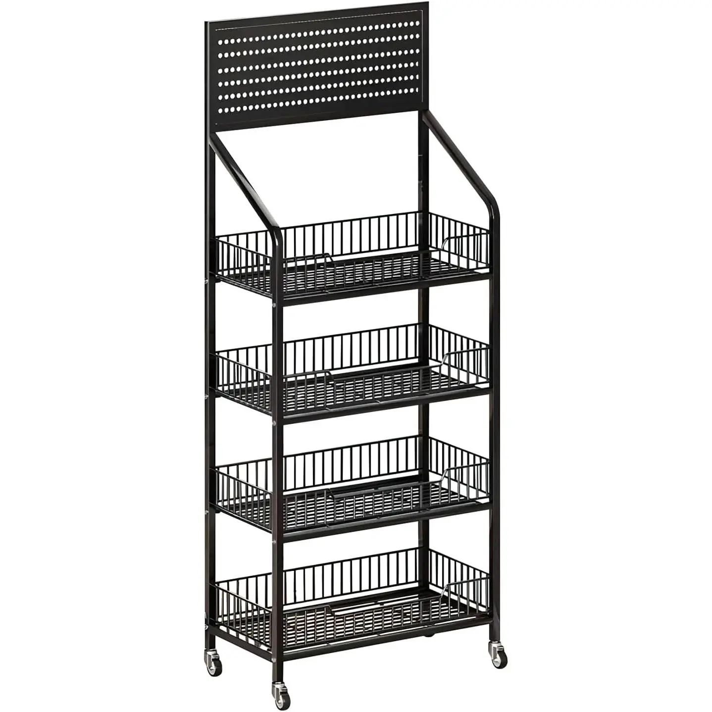 4 Tier Supermaket Snack Rack Display Stand, Free-Standing Black Retail Display Shelves with 12 Hooks & 4 Wheels, Large Metal Snack Shelf for Store Business