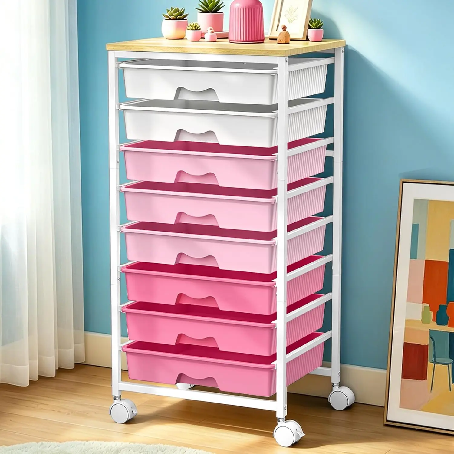 Rolling Cart With 5/8 Drawers, Storage Drawer Cart for Craft Art,Pink/Green/White | Storage Utility Cart with Wooden Tabletop & 2 Lockable Wheels, Teacher Storage Cart for Classroom School Storage, Makeup,Nail