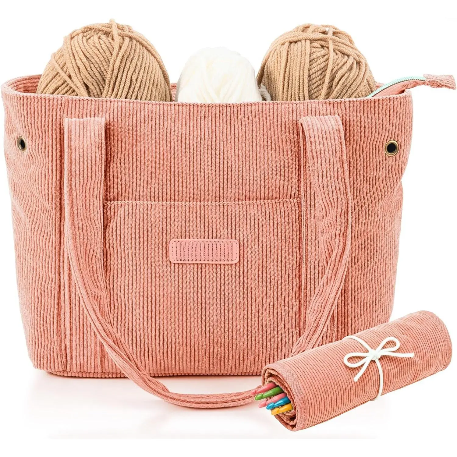 Stylish Yarn Bag for Crochet and Knitting Projects - Corduroy Crochet Organizer with 4 Interior Pockets and Yarn Holes -  for Storing Hooks,  and Crafting Accessories